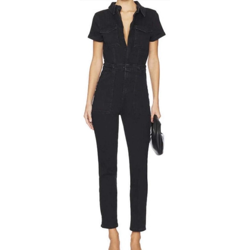 Good American Fit For Success Jumpsuit Black Denim Short Sleeve Romper New - Picture 1 of 12